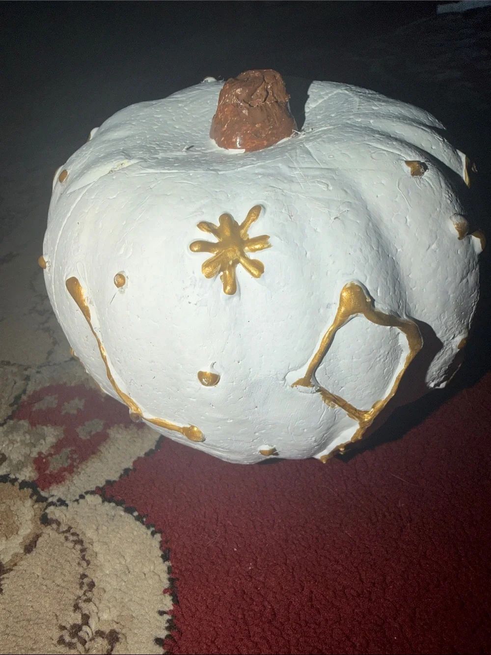 Hand-Painted White Decorative Pumpkin with Gold Accents
